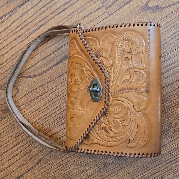 Leather Vintage Hand Tooled Turn Lock Handbag - Picture 12 of 15